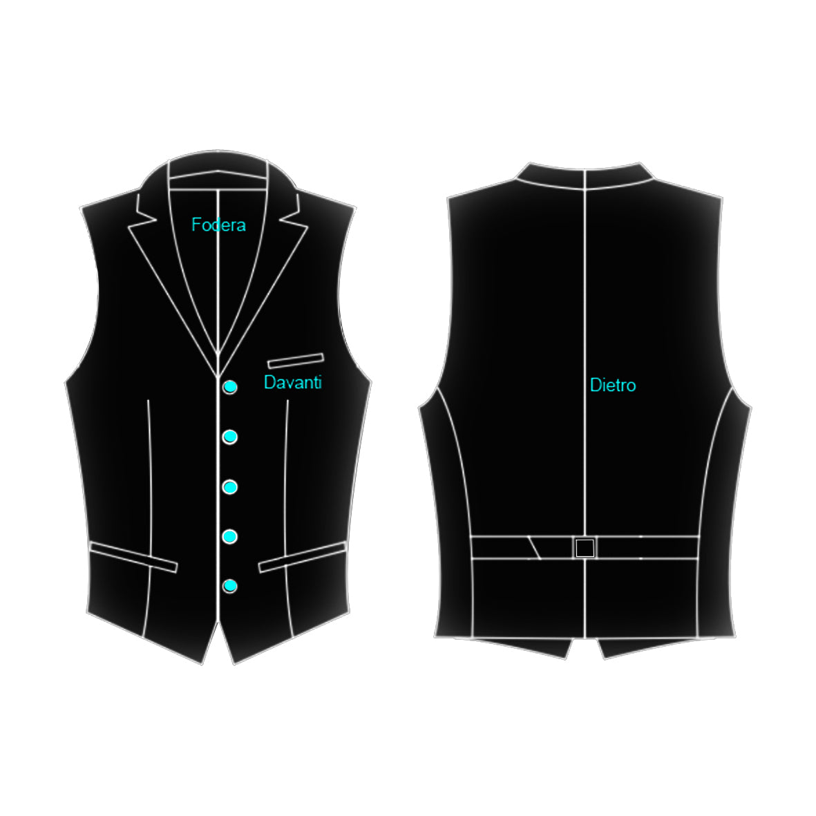 Gilet simple boutonnage, col profond avec revers, 5 boutons, 3 poches, dos réglable. 