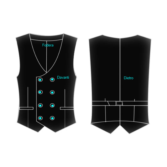 Double breasted vest. Deep collar, 8 buttons, 2 pockets, back can be adjusted. 